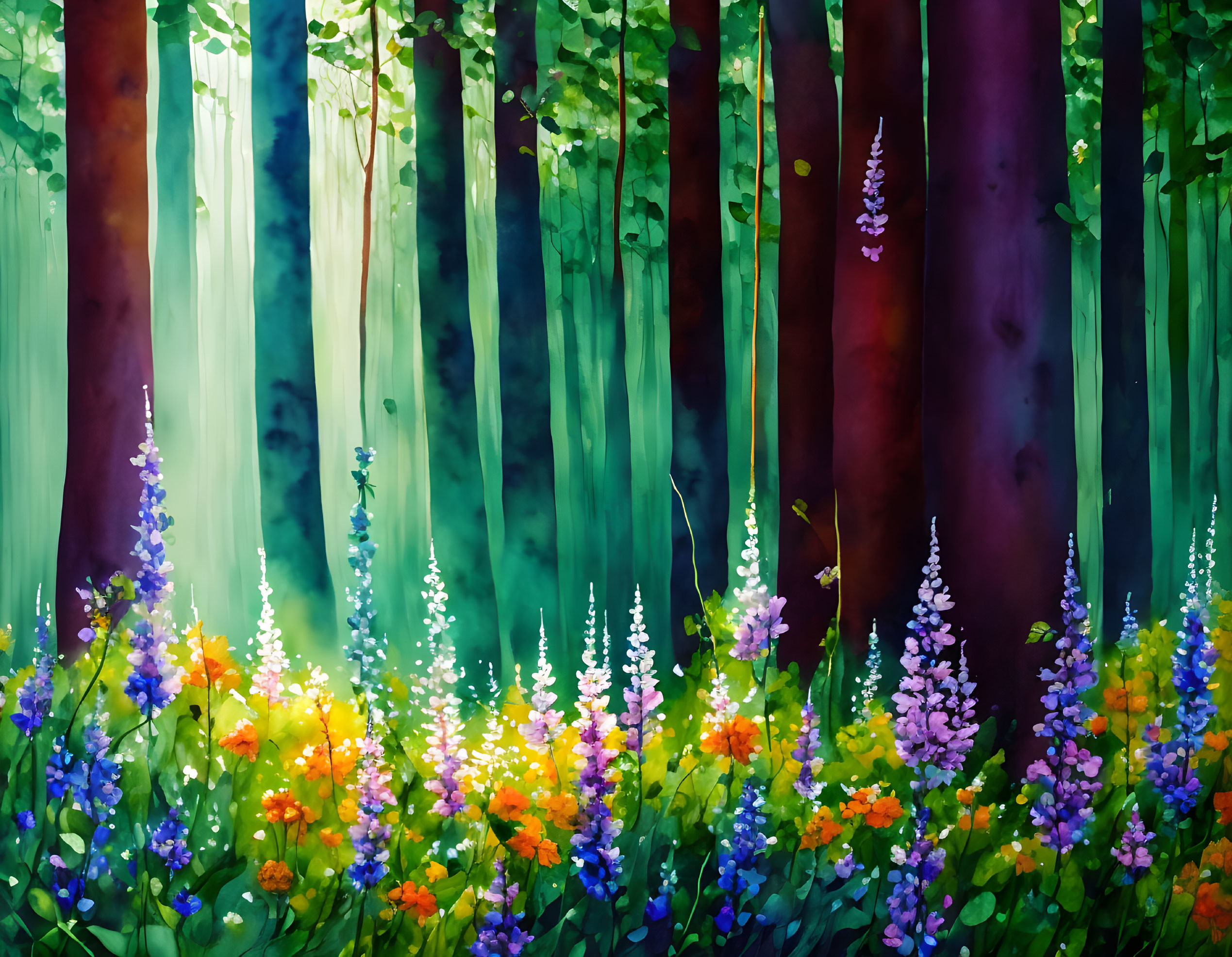 Lush forest digital painting with sunlight and wildflowers