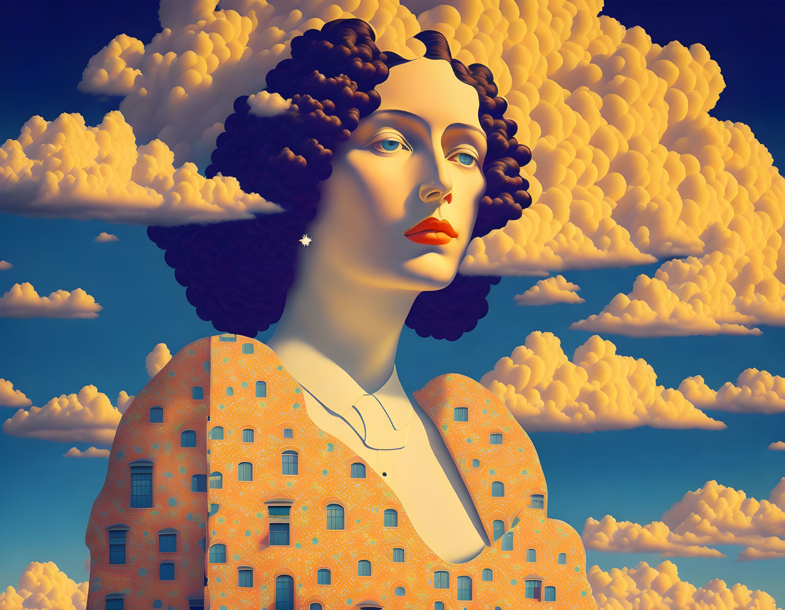 Surreal artwork: Woman's face merged with building under cloudy sky