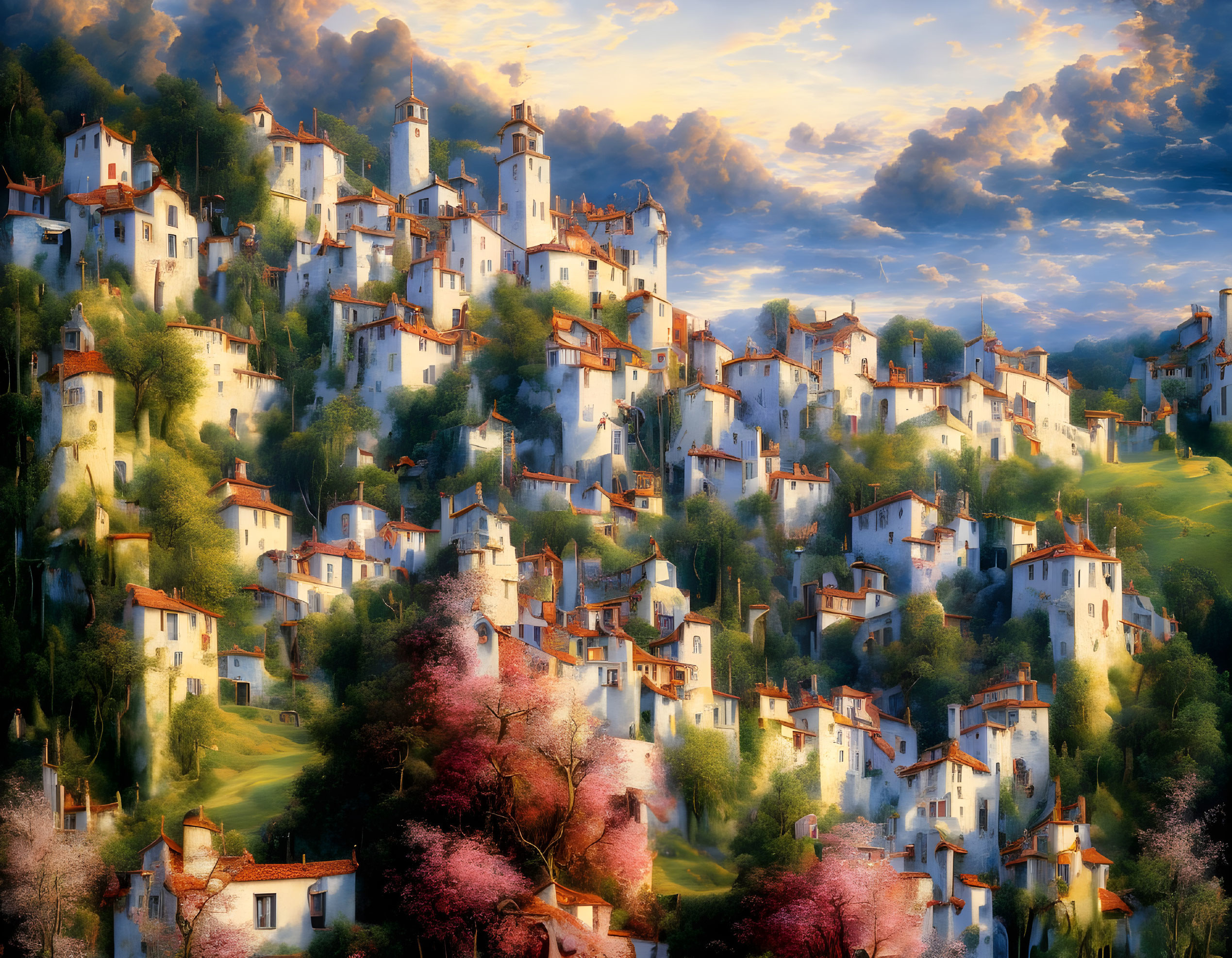 Scenic hillside village with terracotta-roofed white houses surrounded by lush greenery