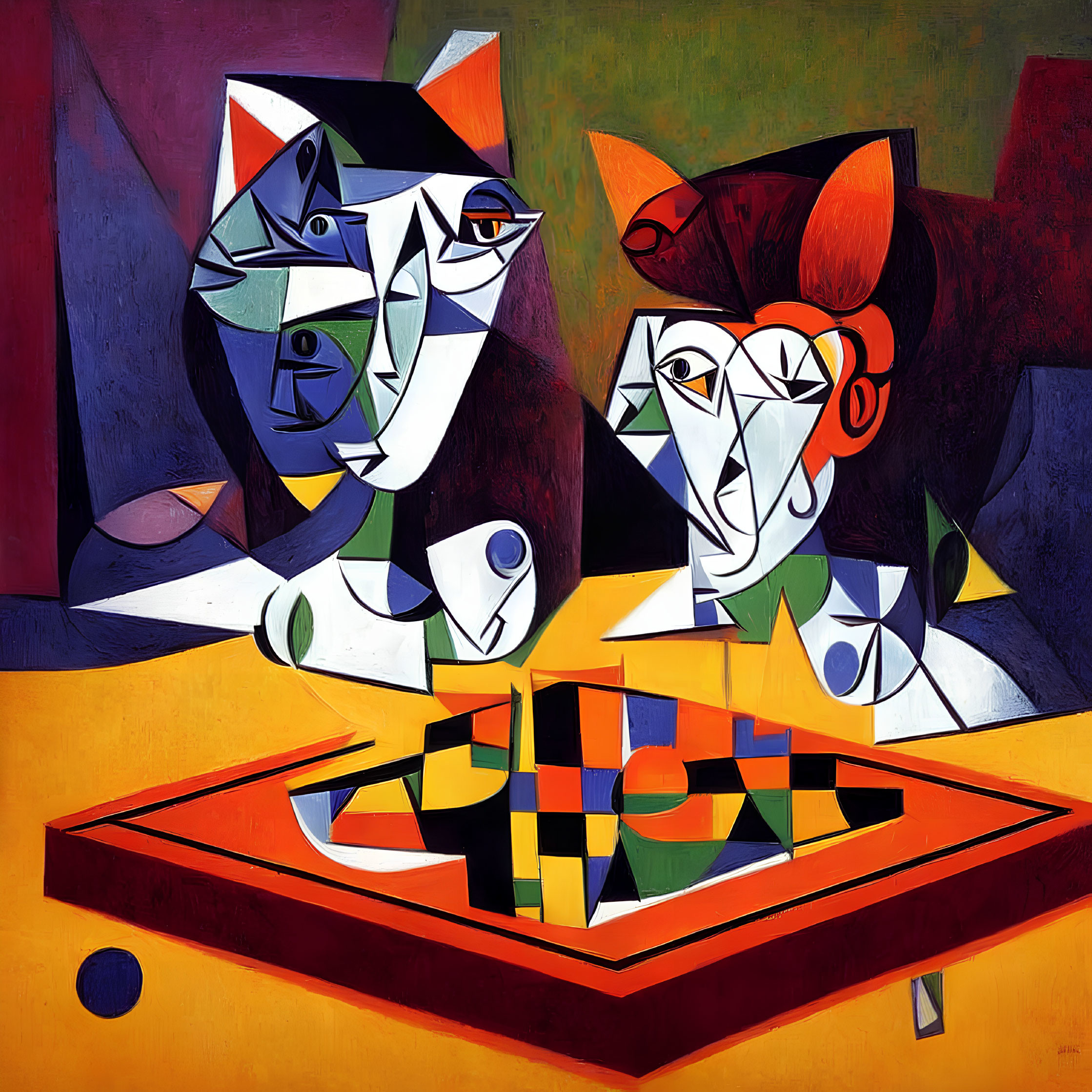 Colorful Cubist Painting with Multifaceted Figures & Geometric Shapes