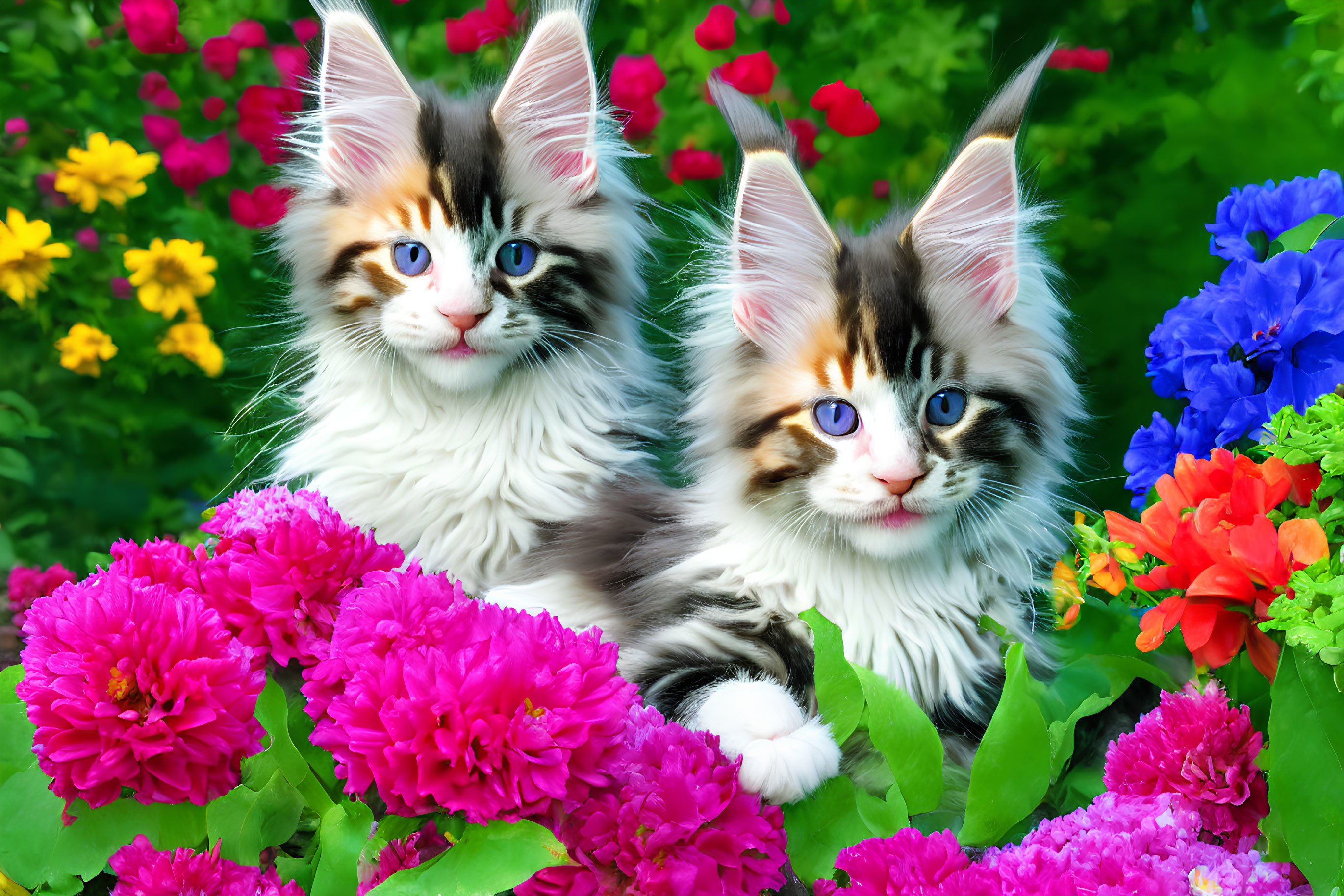 Fluffy Kittens with Blue Eyes Among Colorful Flowers