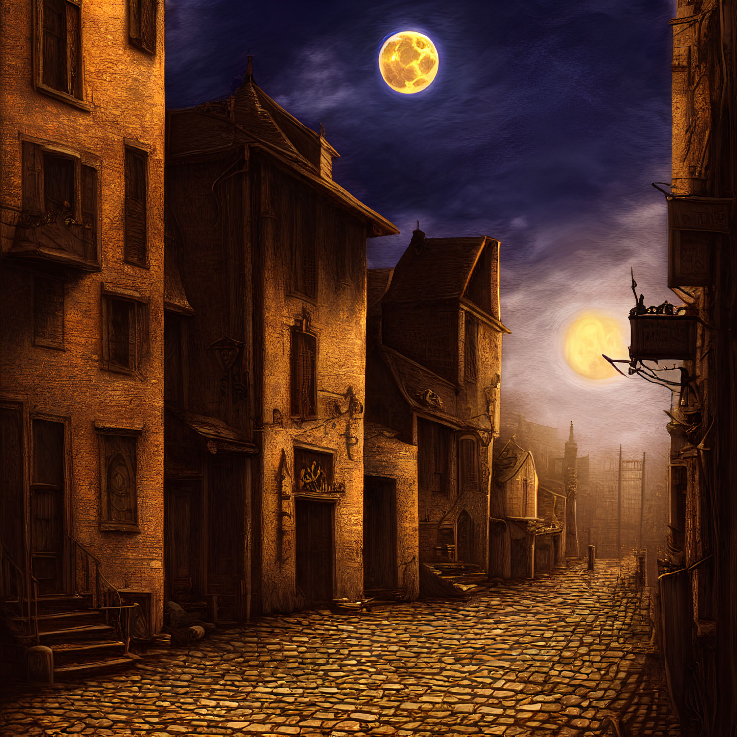 Nighttime cobblestone street with illuminated old buildings under full moon