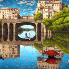 Surrealistic image of person on mirrored city bridge with floating orbs and trees under blue sky.
