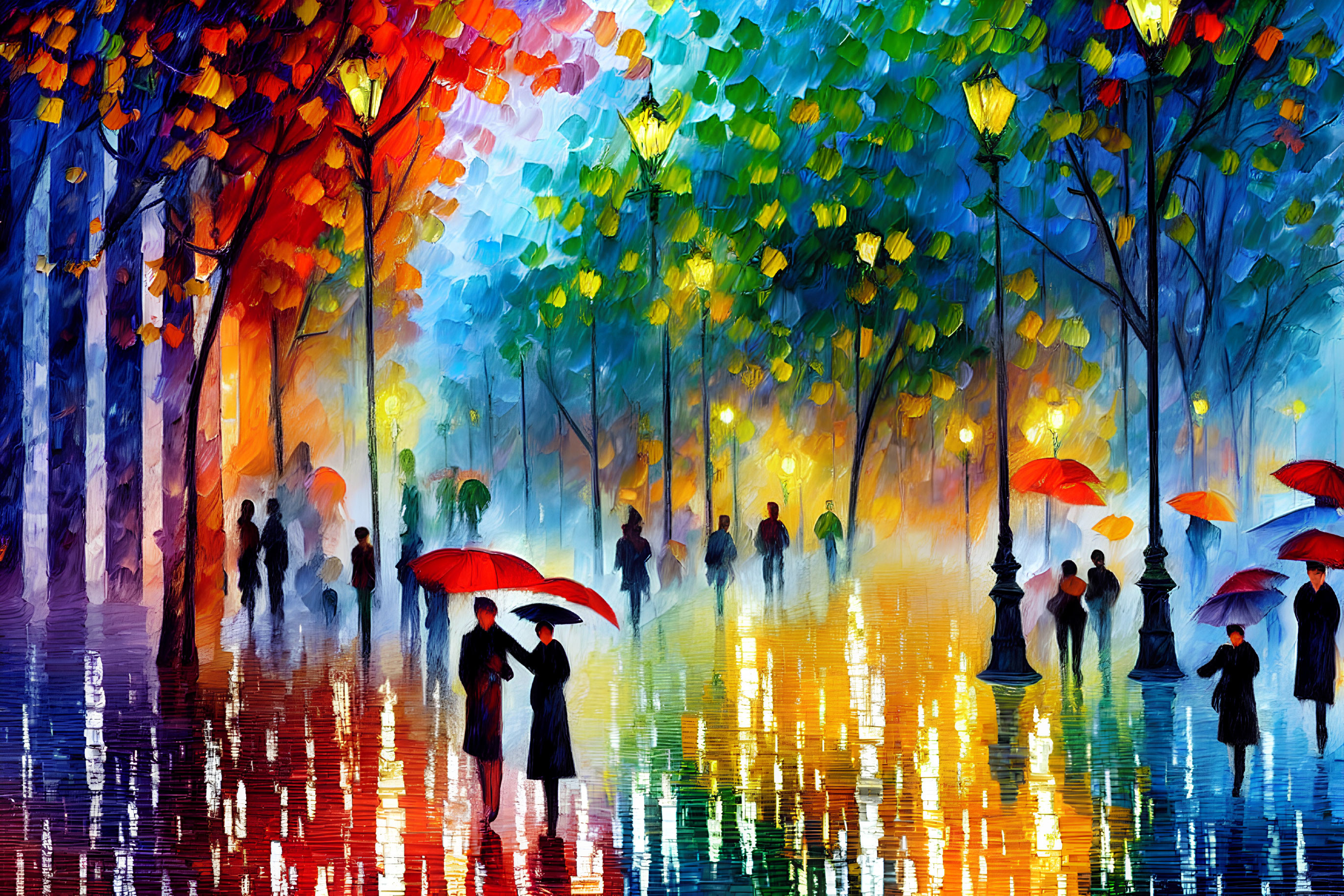 Colorful Impressionistic Painting of People with Umbrellas on Rainy Street