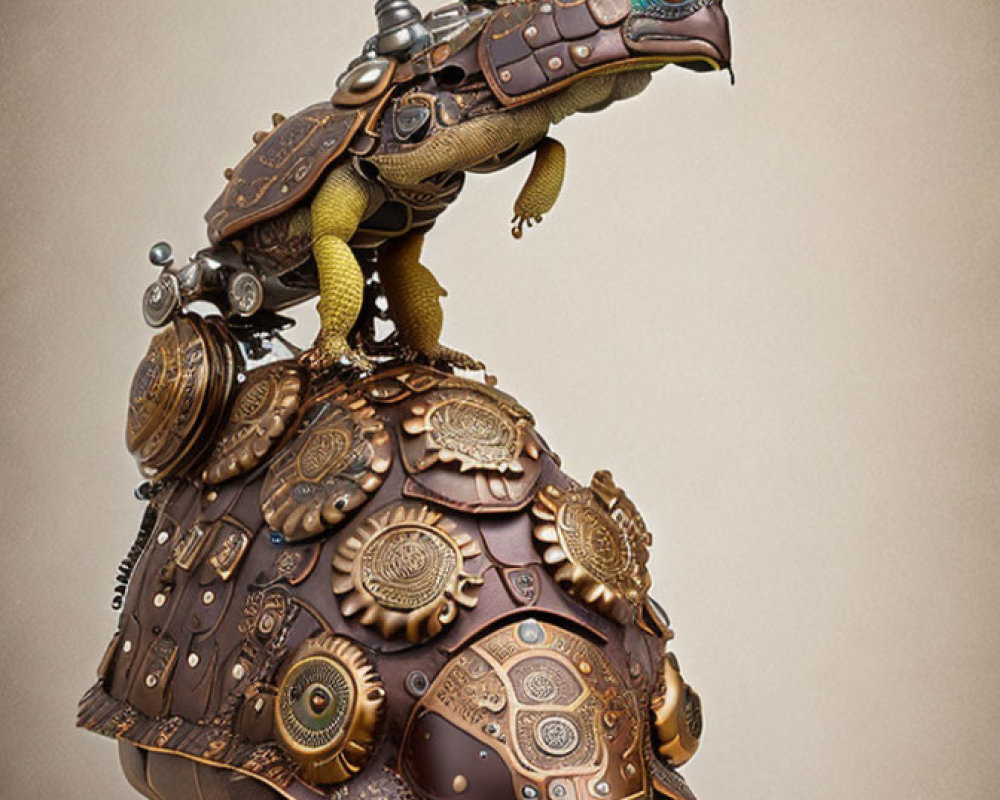 Mechanical tortoise and chameleon digital art with intricate gears