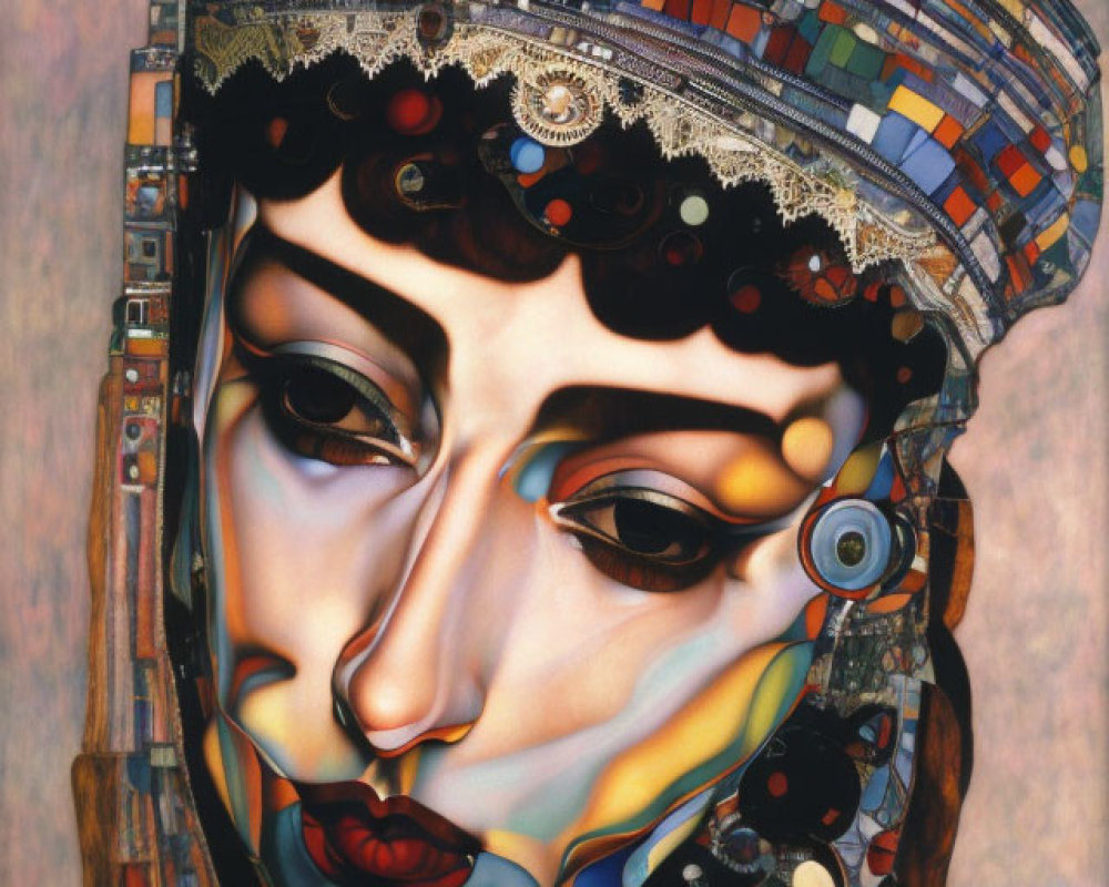Colorful portrait of a woman with mosaic headdress and vibrant textures