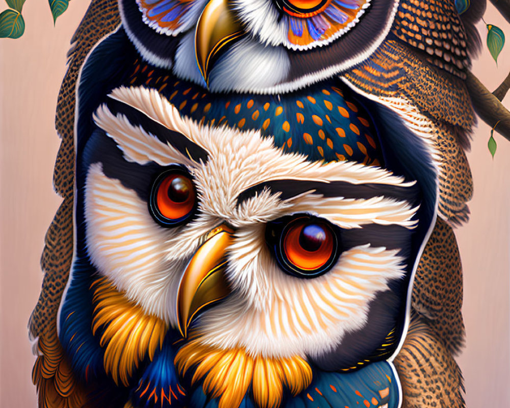 Colorful digital artwork: Two stylized owls with intricate feathers and expressive eyes on leafy backdrop