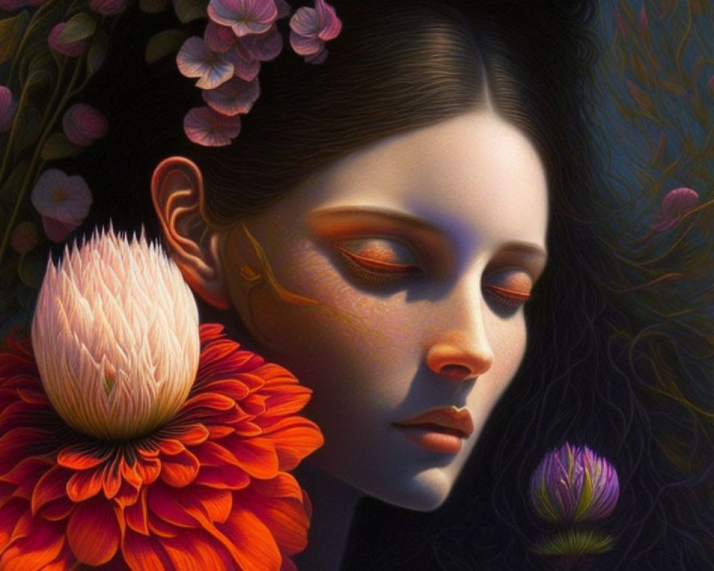 Vibrant digital artwork of a woman with flowers in her hair and vibrant floral blooms