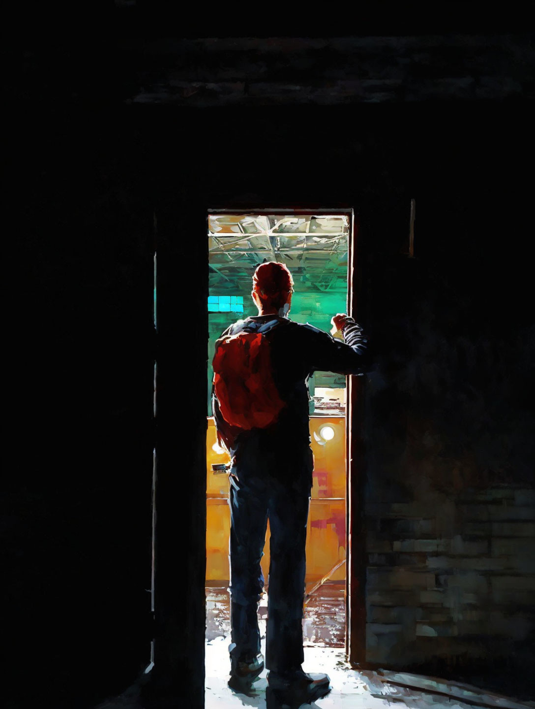 Silhouetted figure in red shirt against vibrant room with green and yellow hues