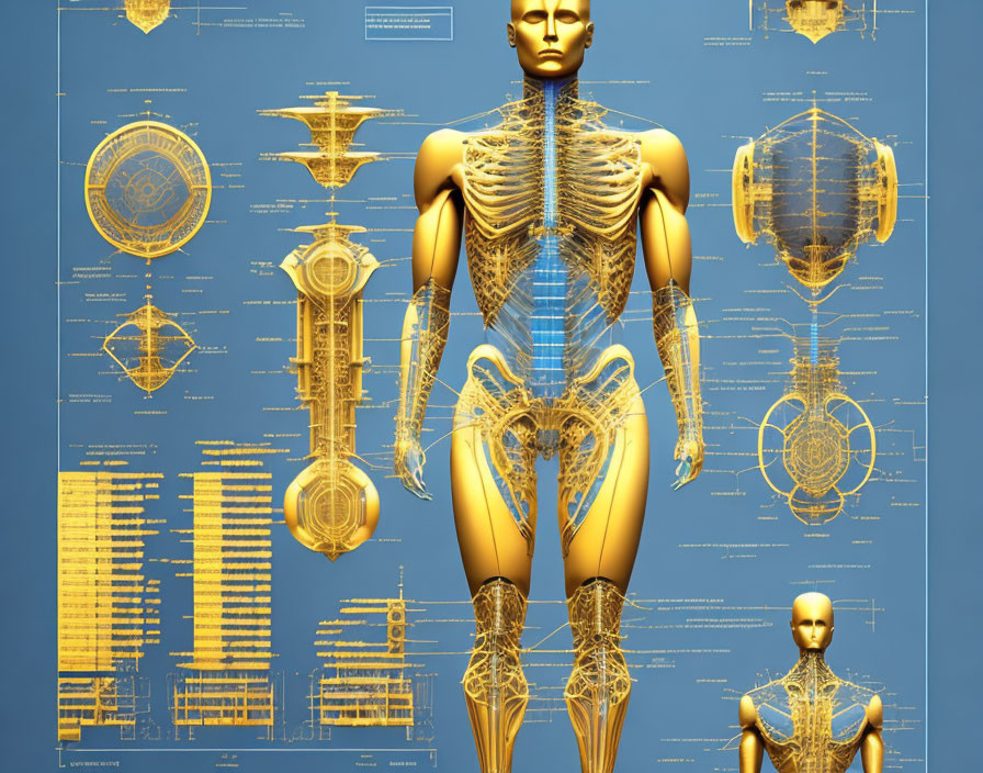 Detailed digital illustration of transparent human figures with intricate internal systems on blue background.