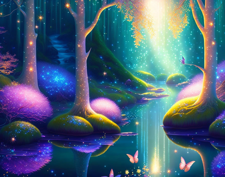 Magical forest with glowing trees, sparkling lights, river, and butterflies at night