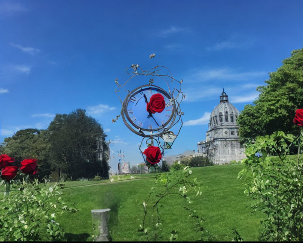 Park scene with metal sculpture, red roses, and domed building under blue sky