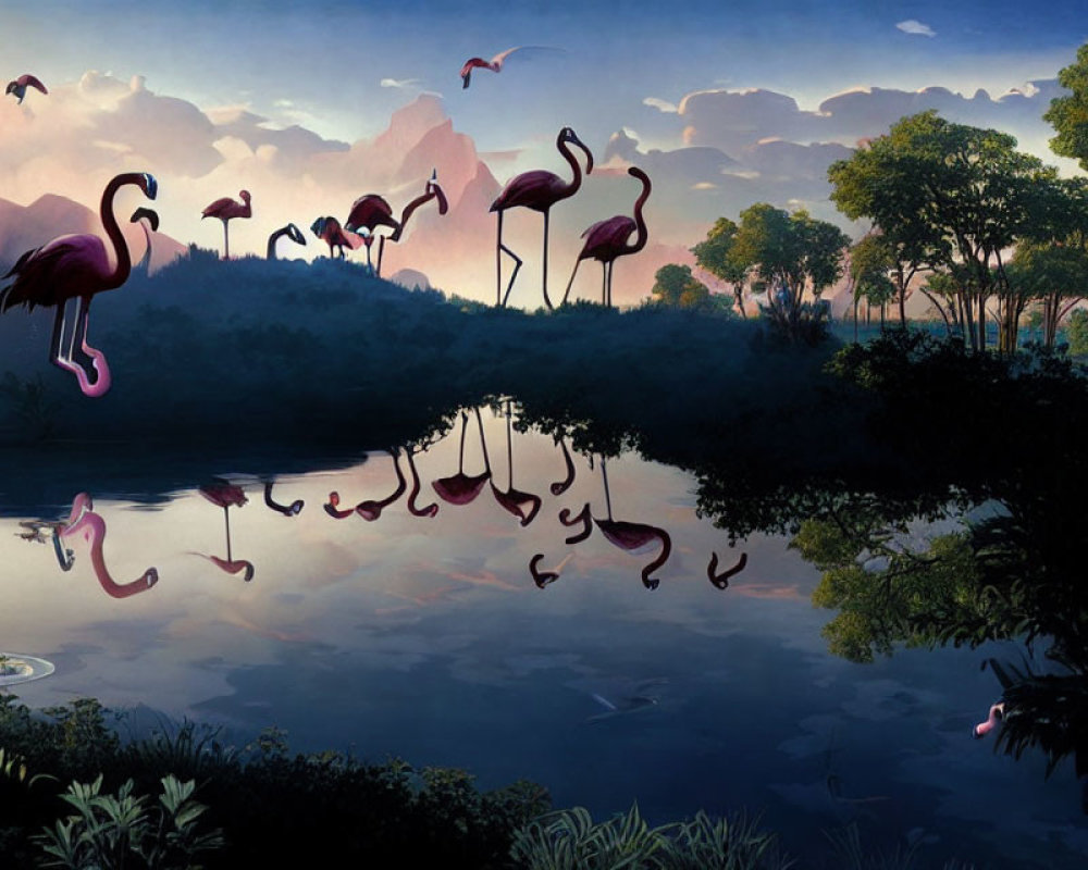 Pink flamingos in serene water with reflections, trees, and dusk sky