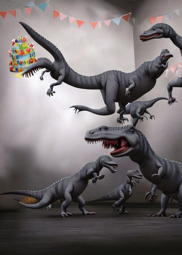 Colorful Velociraptor Birthday Celebration with Cake and Festoons