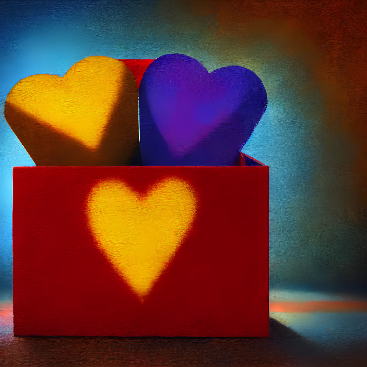 Heart-shaped yellow and blue objects in red box with heart-shaped shadow