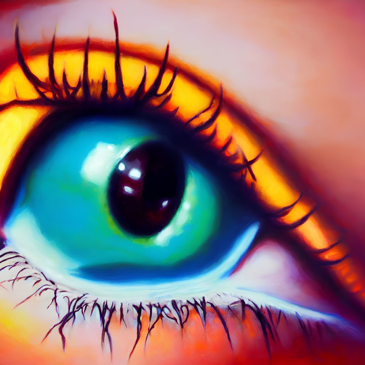 Colorful Close-Up Illustration of Human Eye with Exaggerated Eyelashes and Vibrant Iris