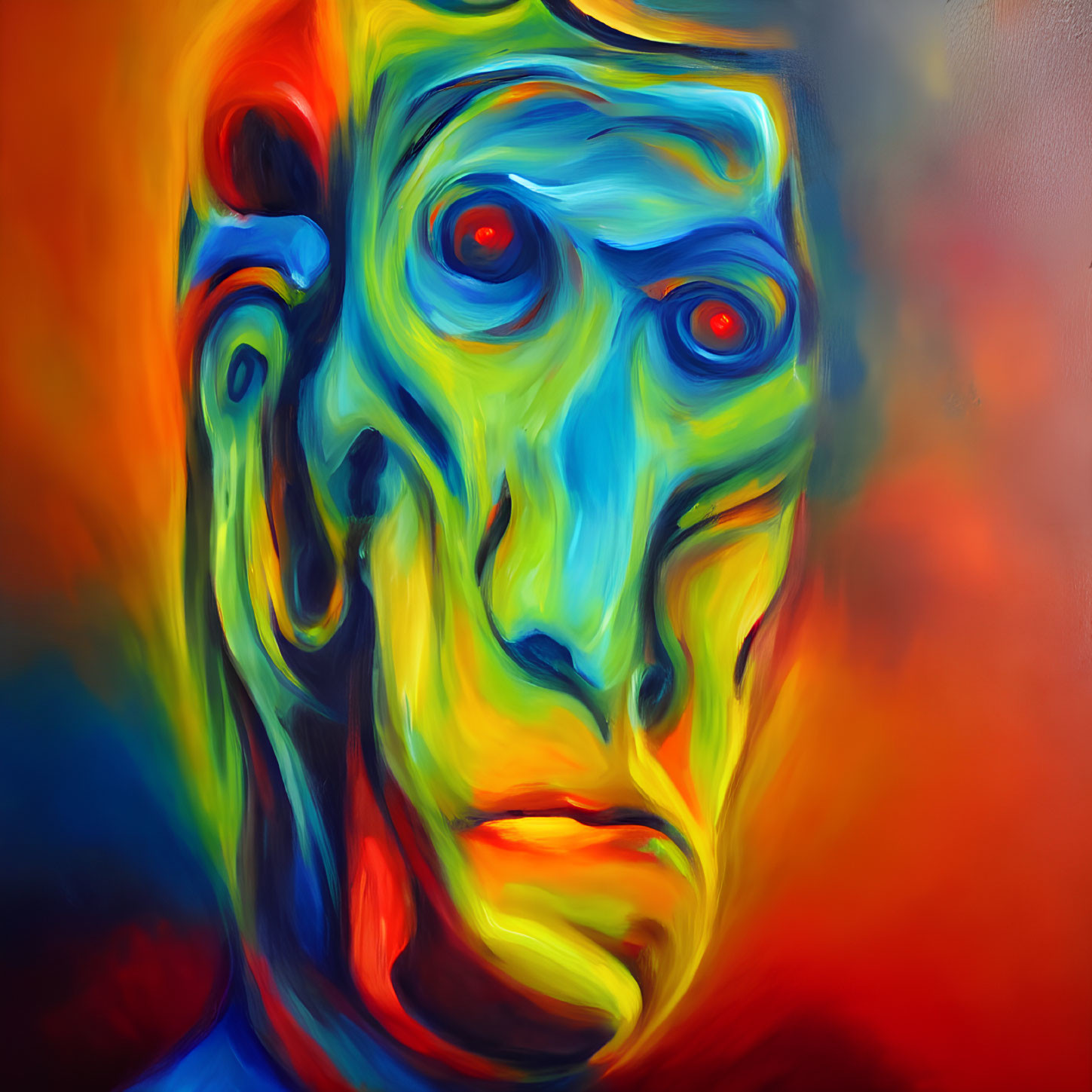 Abstract painting of sorrowful face with intense red eyes on fiery background