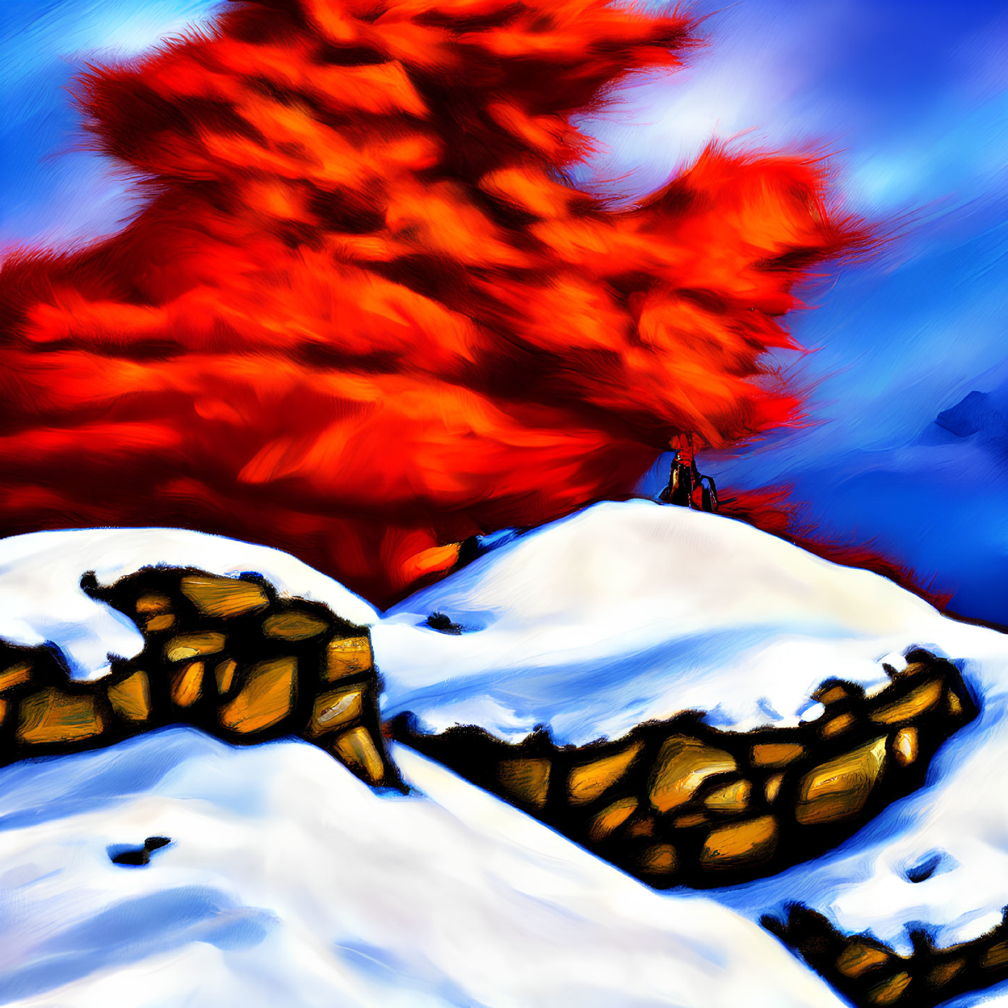 Colorful painting of red tree in snowy landscape with person and blue skies