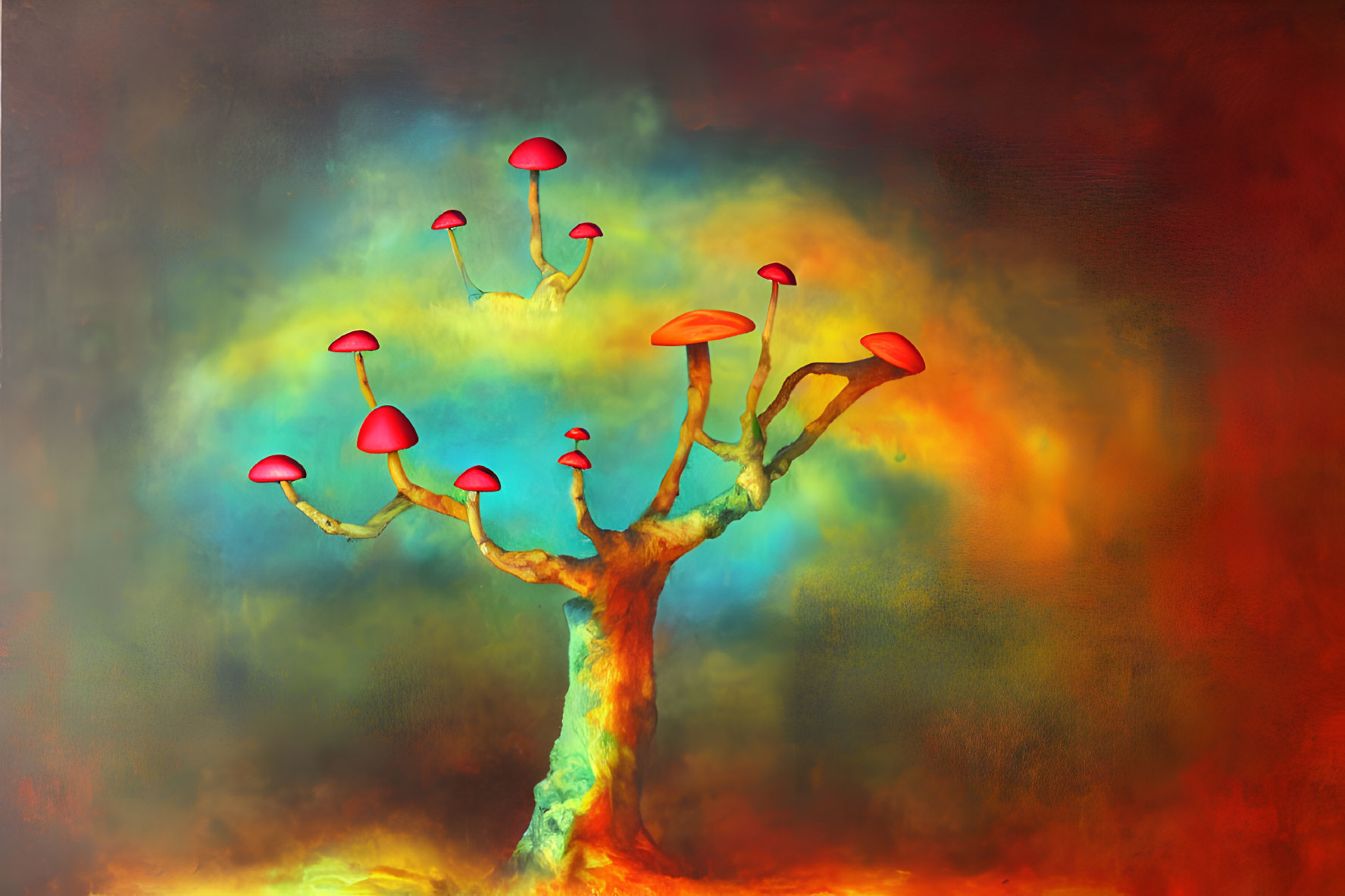 Vibrant surreal painting of tree with red mushroom-like canopies on fiery background