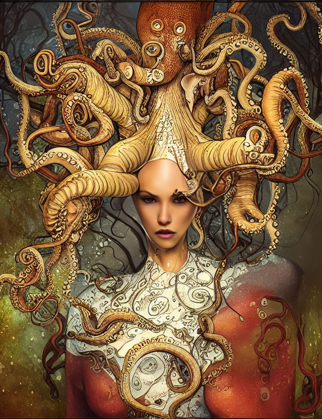 Surreal portrait of woman with octopus-like hair on textured background