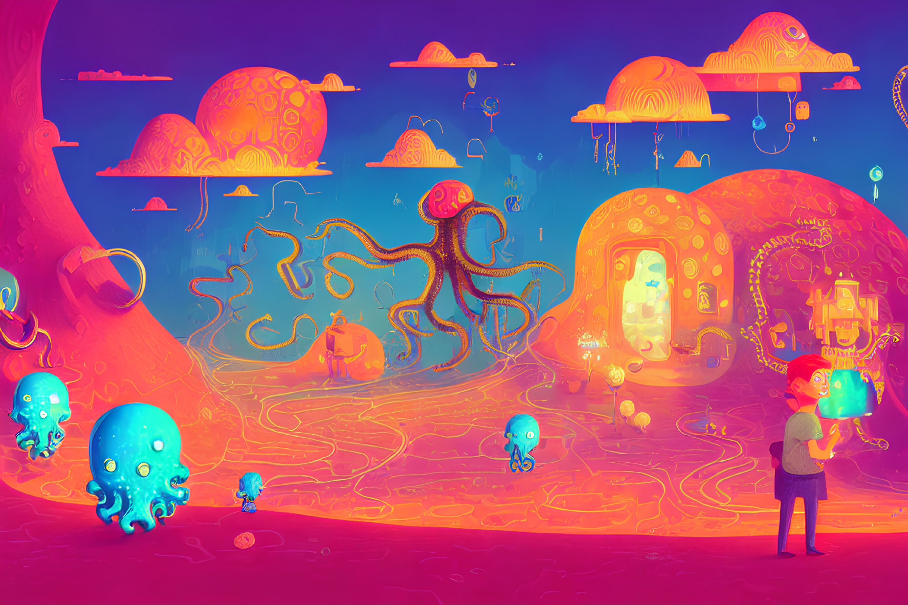 Surreal floating islands with octopus-like creatures and holographic display