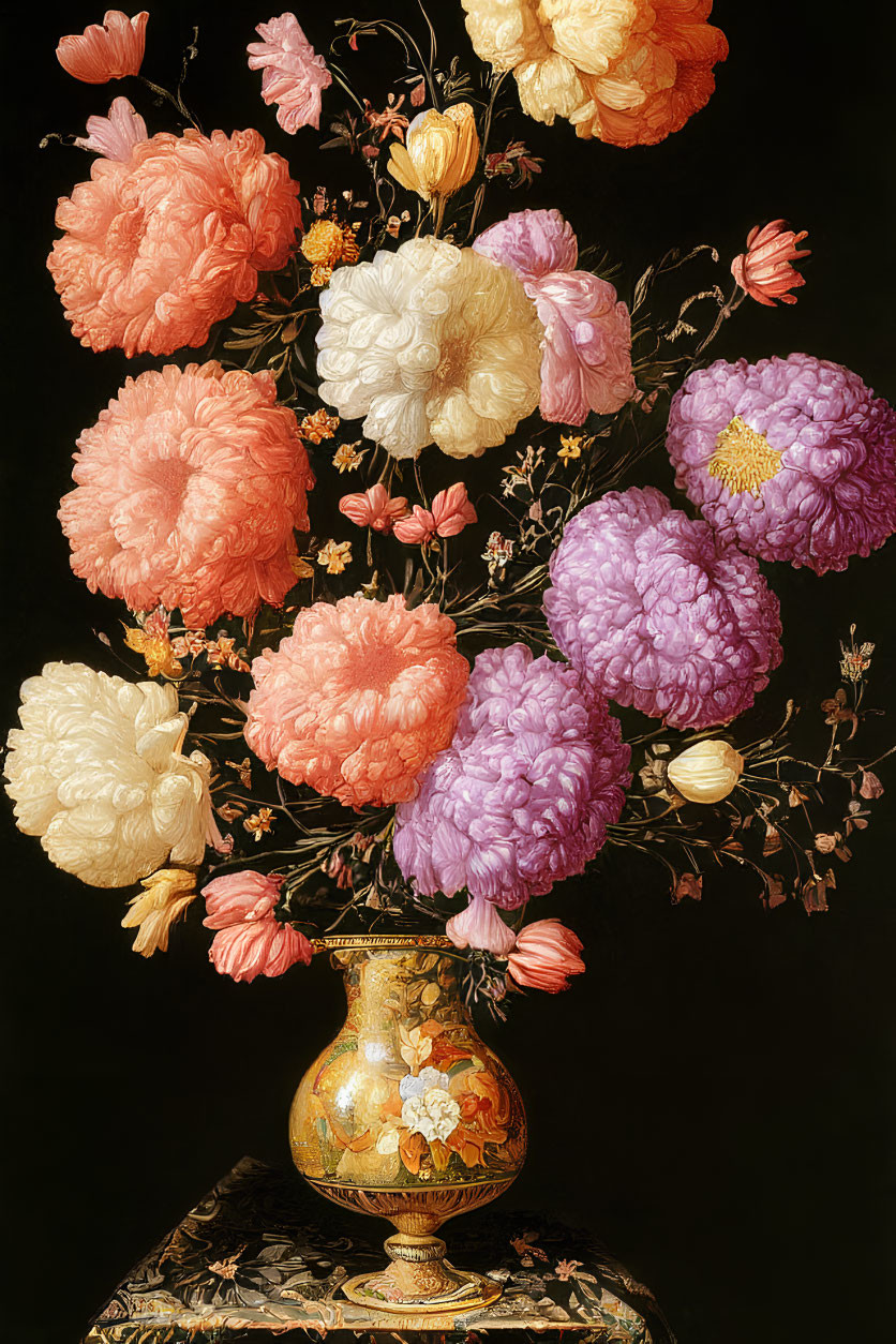Multicolored Flower Bouquet in Golden Vase on Patterned Surface