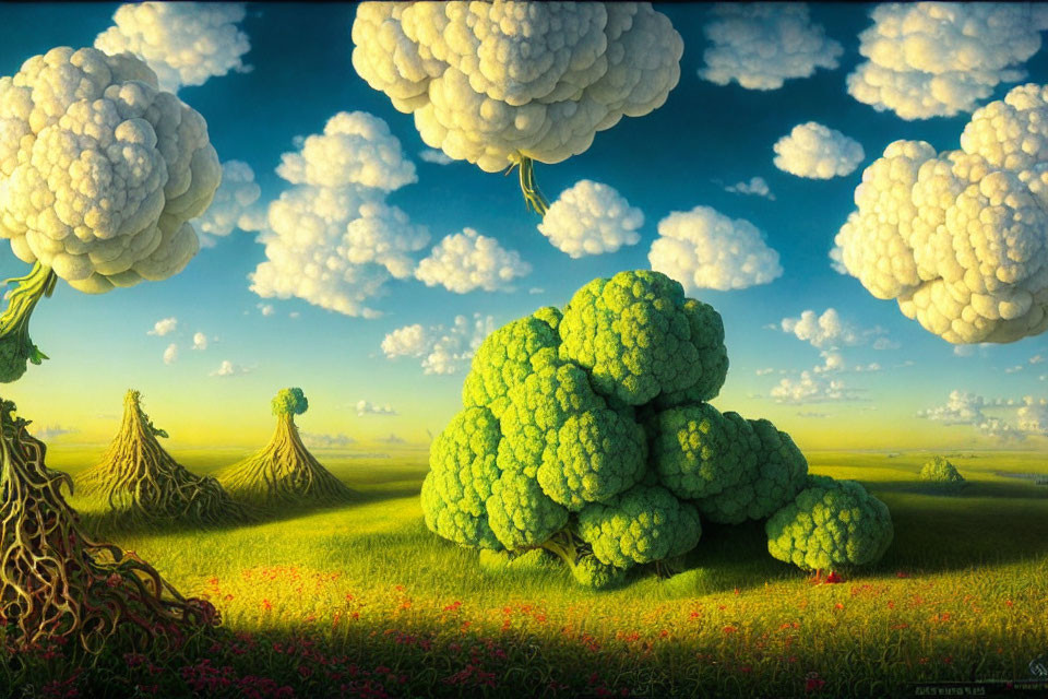 Whimsical landscape with broccoli-like trees and flower-filled field