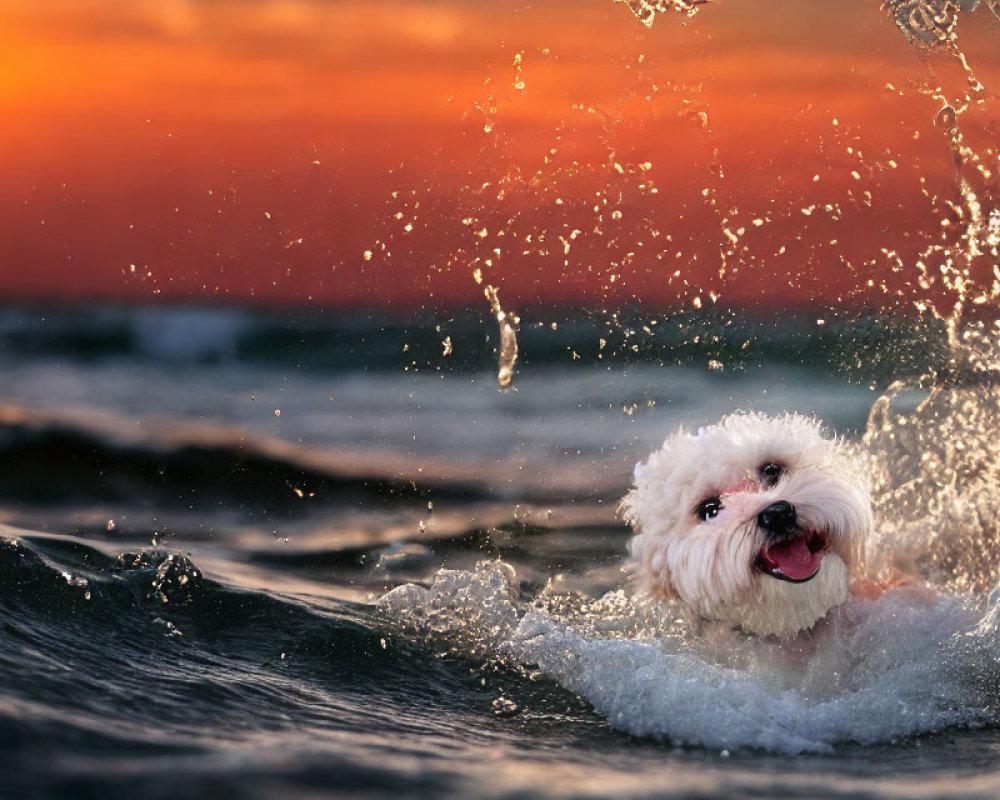 Fluffy White Dog Playing in Ocean Waves at Sunset