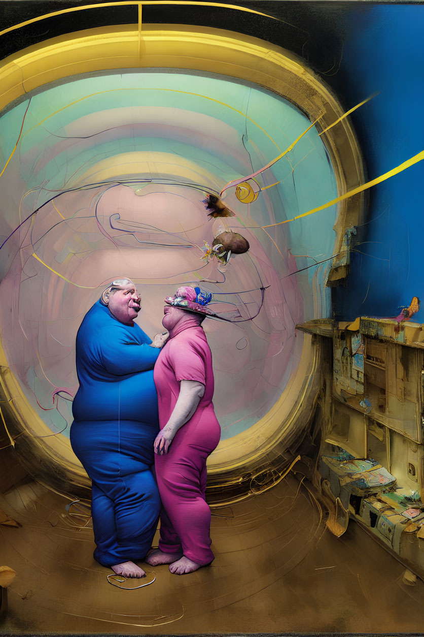 Stylized blue and pink figures in surreal tunnel with floating objects