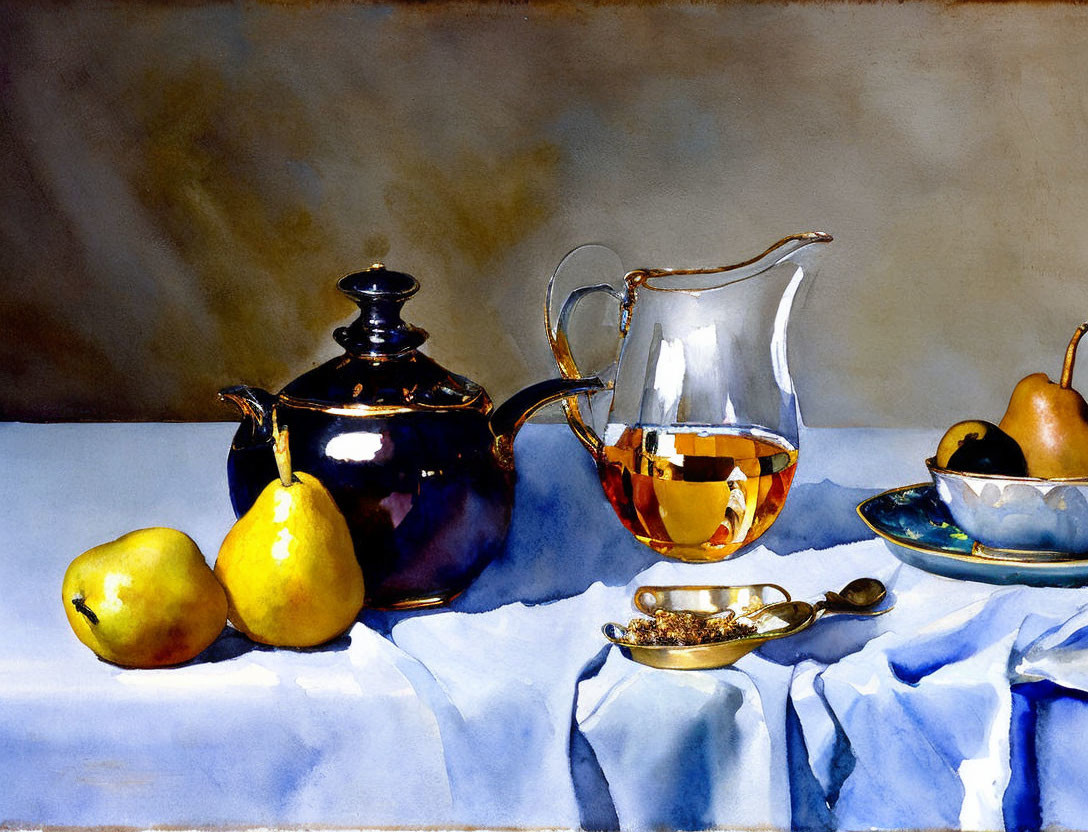 Reflective teapot, glass pitcher, pears, and fruit bowl on table