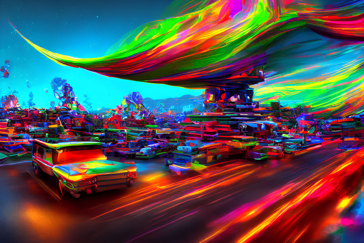 Vibrant futuristic cityscape with neon streaks and swirling sky