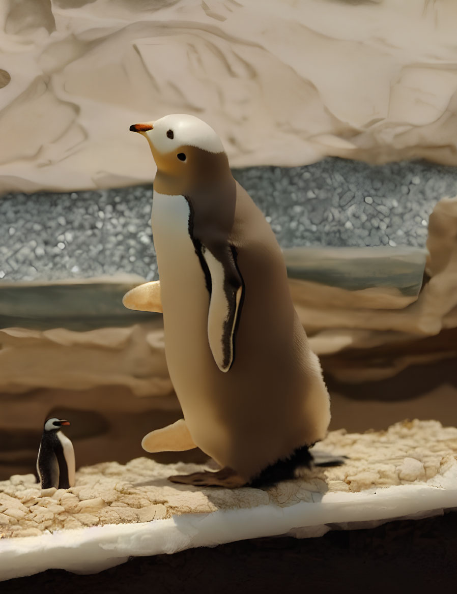 Adult and baby penguins in icy environment display