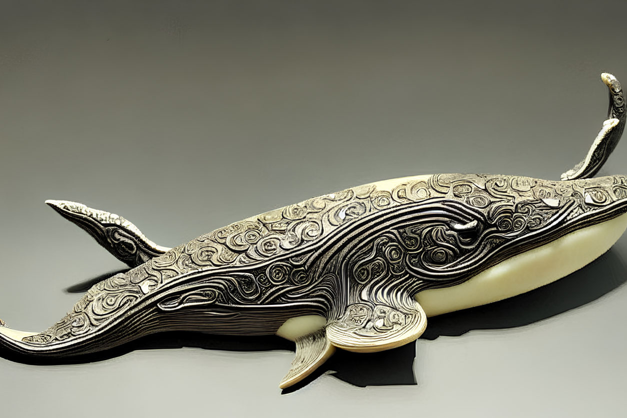 Intricately carved metal whale sculpture on grey background