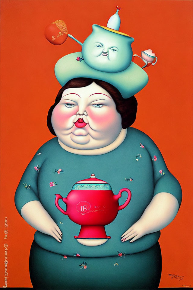 Whimsical painting of plump woman with teapot-headed figure on hat, both holding teap