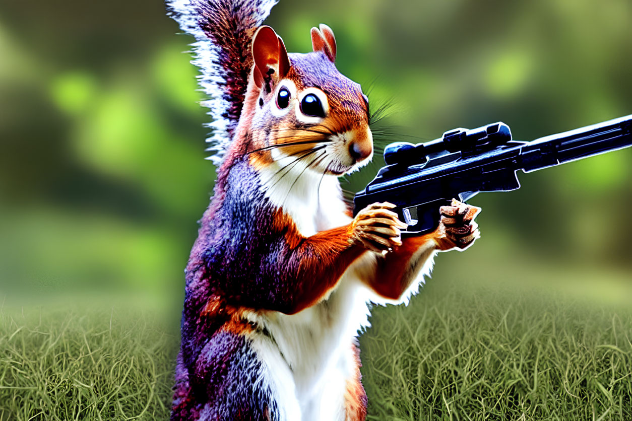 Squirrel with oversized rifle standing on grass in photoshopped image