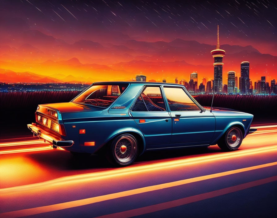 Vintage Blue Car Speeding in Neon-Lit Night Cityscape