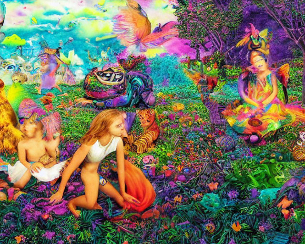 Fantasy scene: girls, creatures, colorful flora, pastel sky