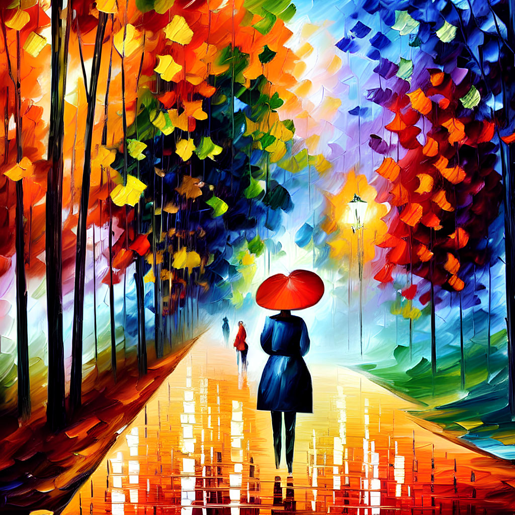 Colorful painting of person with red umbrella in vibrant forest scene