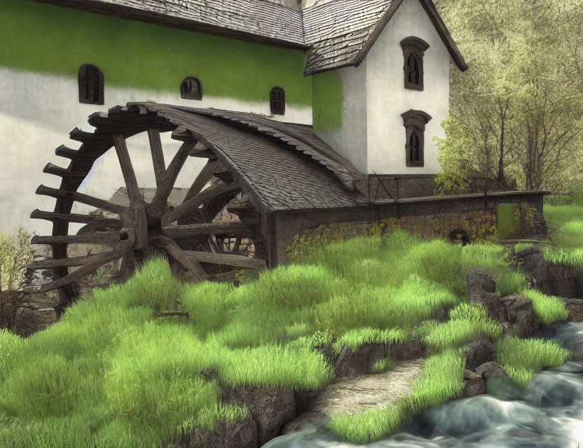 Tranquil waterwheel by stream and white stone church