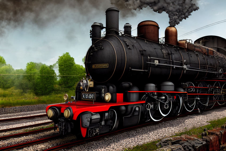 Vintage Black Steam Locomotive with Red Trim and Billowing Smoke on Tracks