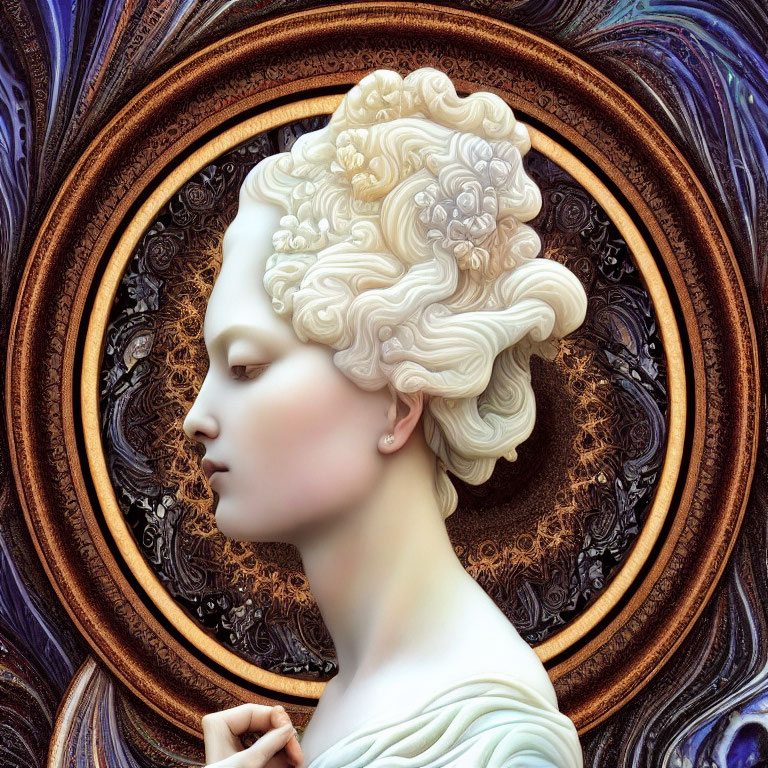 Intricate curly hair on woman bust against blue and gold swirls