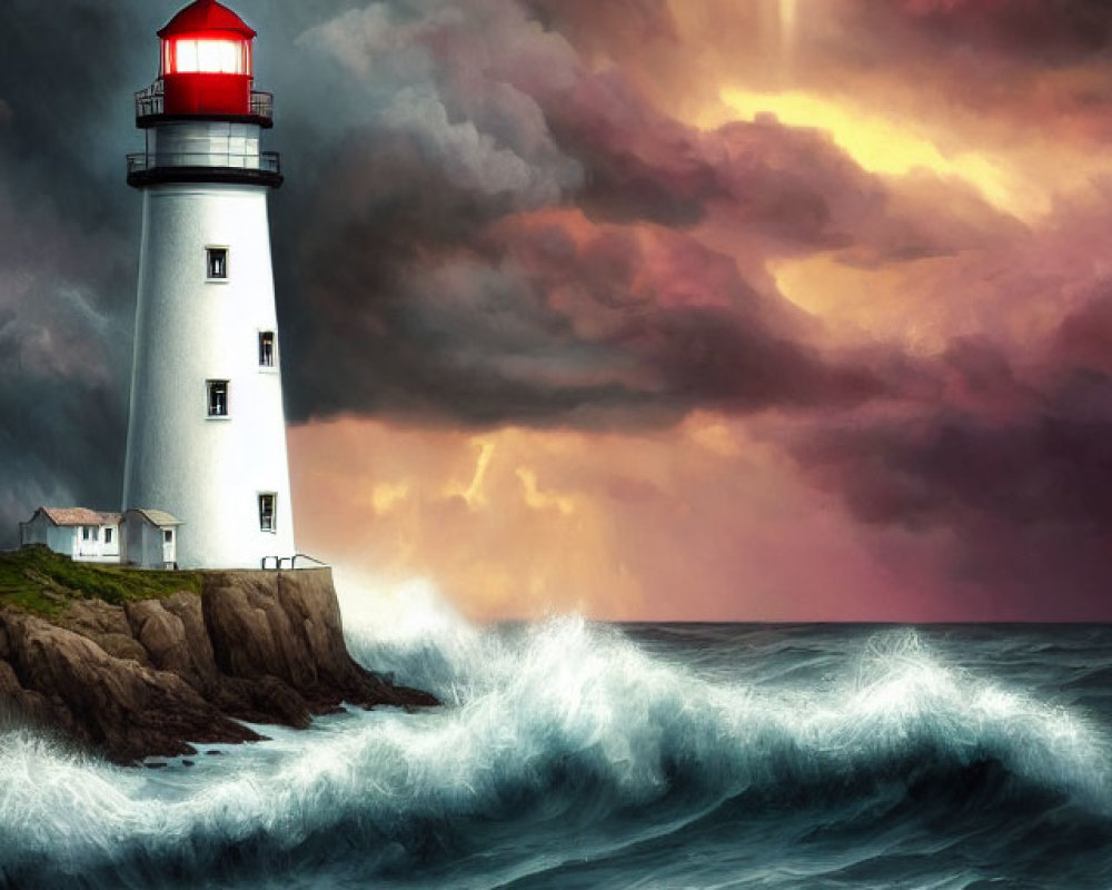 Majestic lighthouse on cliff with crashing waves and dramatic sky