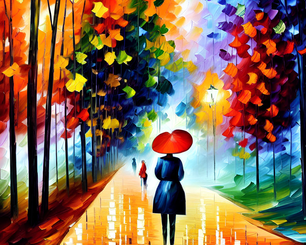 Colorful painting of person with red umbrella in vibrant forest scene