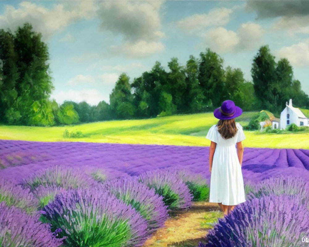 Girl in White Dress and Purple Hat in Lavender Field with White House