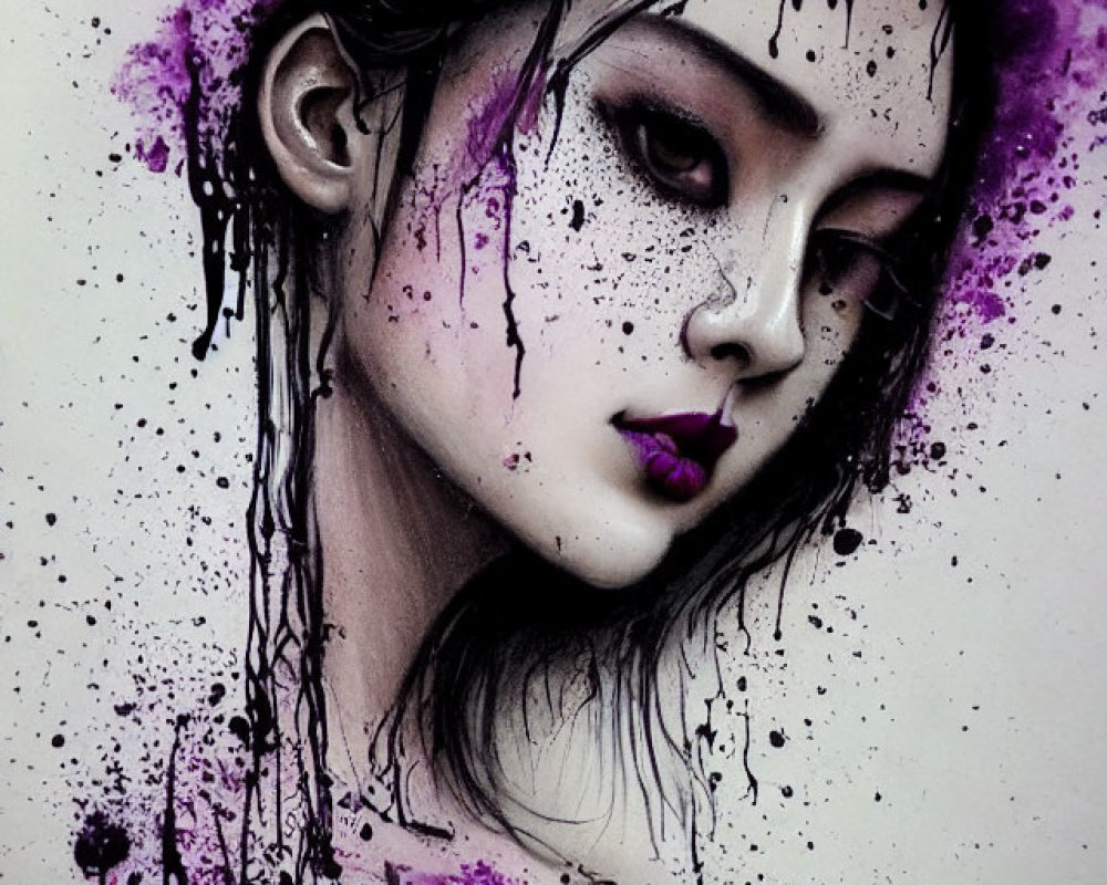 Vibrant purple splatter effects on black and white portrait with stylized hair and shoulders
