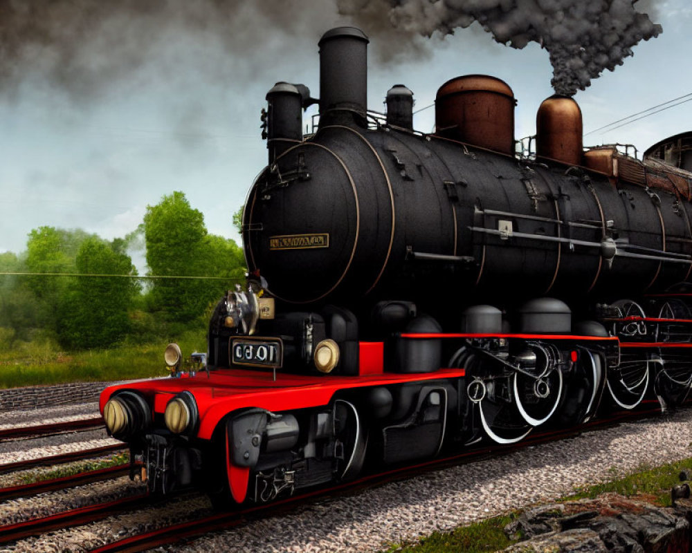 Vintage Black Steam Locomotive with Red Trim and Billowing Smoke on Tracks