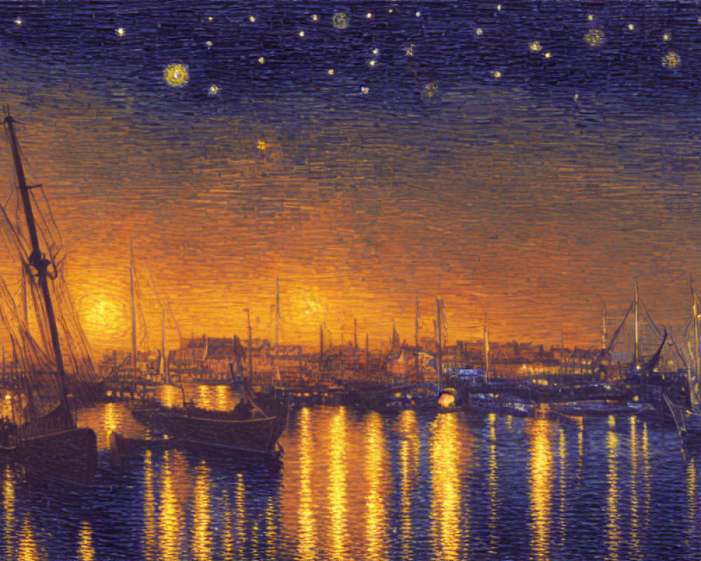 Impressionist style harbor scene with boats at glowing sunset