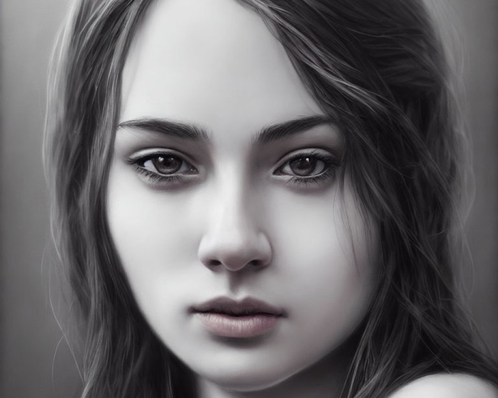 Detailed monochromatic digital portrait of a young woman with flowing hair and expressive eyes.