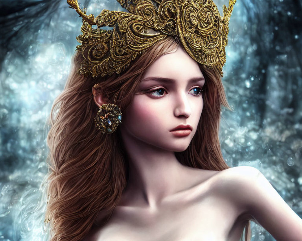 Young woman with wavy hair and gold crown in fantasy portrait