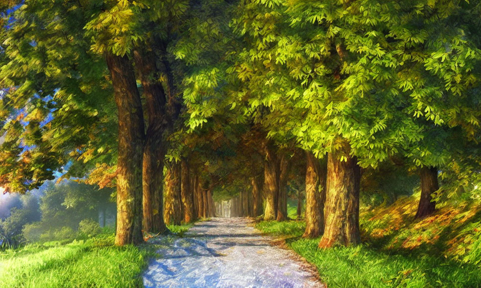 Sunlit Pathway Through Lush Green Forest